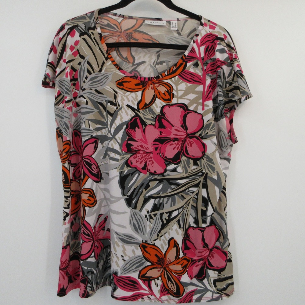 Susan Graver Liquid Knit Tropical Floral Scoop Neck Top Pink Orange Large